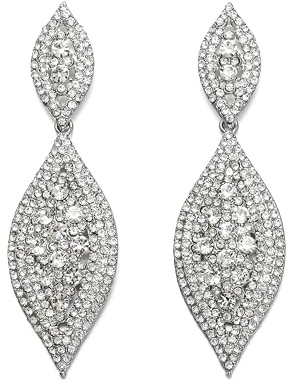 Flyonce Women's Rhinestone Crystal Wedding Bridal 2 Leaf Drop Dangle Large Long Chandelier Earrings Clear 3.3