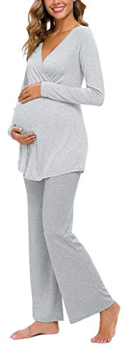 SUNNSEAN Pyjama Femme Enceinte d'Allaitement en Coton Deux Pièces, Vêtements De Nuit Manche Longue Col Rond Pour Grossesse, Toutes Saisons