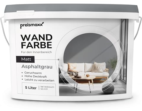 Preismaxx Profiweiß Wandfarbe grau 5L, hohe Deckkraft, Dispersionsfarbe innen, Innenwandfarbe Raumfarbe asphaltgrau deckend, Deckkraftklasse 2, matt Innenfarbe Profi Qualität