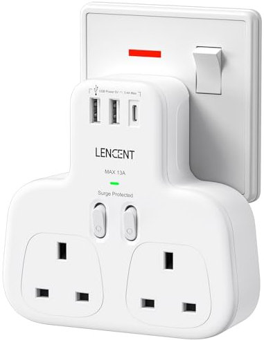 LENCENT Double Plug Adaptor with 1 USB C and 2 USB Ports, Surge Protected Multi Plug Extension Socket, 2 Way Wall Plug Extender for Household Appliances, iPhone, Smartphones, Tablets, 13A 3250W