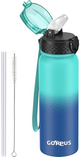 GOPPUS Bouteille d'eau en Acier Inoxydable 600ml/20oz avec Paille Bouteille Sport Isolée Flacon Froid Bouteilles d'eau en Métal Rabattables à Double Paroi Thermos Bouteille d'eau Étanche pour Gym