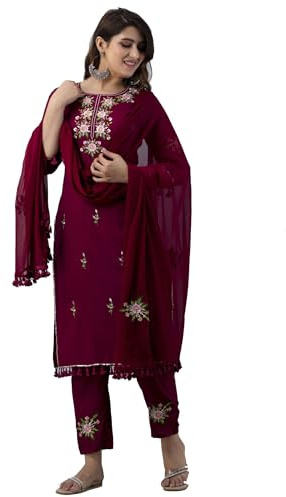 JG Set Salwar Suit da Donna per Abbigliamento Etnico in Rayon con Kurti Dritto Ricamato e Pantaloni con Dupatta, marrone rossiccio, M