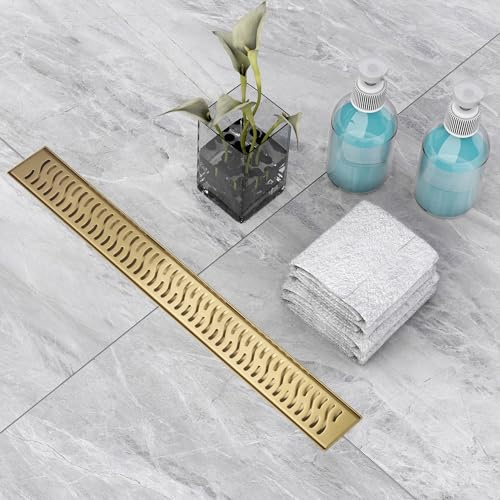 BAUNVB Linear Shower Drain, Professional Brushed SUS-304 Stainless Steel Shower Drain, 51L/Min Fast Drainage Floor Linear Drain, US Standard CUPC Certified, 32, Zirconium Gold, SD-103