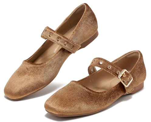 hingswink Brown Mary Jane Shoes Women Fishnet Mesh Ballet Flats with Strap Buckle Closed Toe MaryJanes Shoes Ballerina Flats for Women Dressy Comfortable, VelvetBrown8