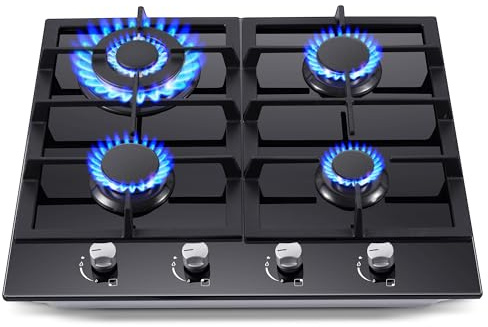 Gas Stove Top 24 Inch, Amzgachfktch Built-in Gas Cooktop 4 Burner, Black Tempered Glass Stove with NG/LPG Conversion Kit, Kitchen Propane Cooktop with Thermocouple Protection