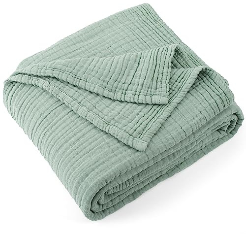 Carriediosa 100% Cotton Muslin Throw Blanket 108 X 90 King Size，4-Layers Summer Gauze Throws for Bed Couch，Soft Lightweight Breathable Linen Blankets Bedspread for Adults All Season，Sage Green