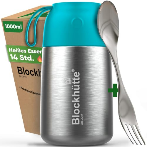 Blockhütte Food Flasks for Hot Food Adults 1L Stainless Steel | Thermal Soup Flask with Spork | Vacuum Insulated Thermal Lunch Box to Go for 14h Hot Meals, BPA Free – Turquoise