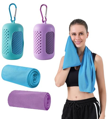 FveVqe 2PCS Cooling Towel with Portable Silicone Sleeves, Soft Breathable Sweat Cool Towel, Gym Towels for Women Men, Quick Dry Cooling Towels for Neck Yoga Workout Camping (Purple Blue)