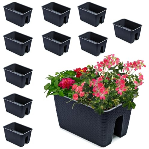 Juego de 10 cajas de balcón de 13 l, jardineras para barandillas, balcones, barandillas, 27,2 x 39,6 cm de alto, 22,5 cm, color antracita, imitación de ratán, cuadrado, de plástico, moderno, glamour