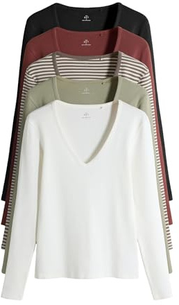 THE SET Femme T-Shirt côtelé à Manches Longues et col en V, Lot de 5 Black/Light Khaki/Cream/Stripe/Brown M
