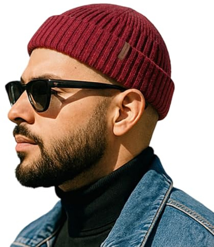 Comhats Winter Wool Fisherman Cuffed Beanie Hats for Men Knitted Warm Lightweight Skull Cap Gifts Running Ski Big Head Red Medium Large