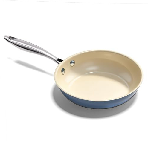 UUKRAVE Keramikpanna induktion 20 cm, non-stick beläggning keramisk beläggning stekpannor, pannor med handtag i rostfritt stål, PTFE-fri PFOA-fri, PFAS-fri, ugnssäker (blå)