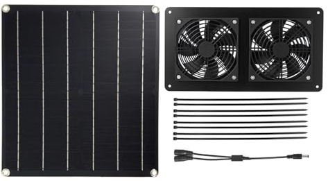Solfläkt, 15W solpanel med 2 intag eller utblås Solar driven fläkt, solvärmare för hönshus, växthus, skjul, hundkoja, 3 meter på/av-kabel (20W-2FAN12)