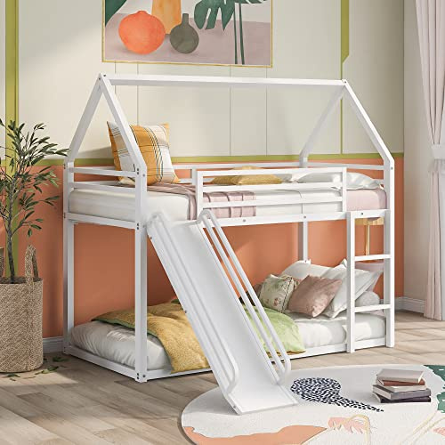 Lit Superposé Cabane avec Toboggan en Métal, 2 Places 90x190 cm,Lit Toboggan pour Fille ou Garçon,Avec échelle ,Barrière de sécurité,Toit,Lit Cabane,Cadre de lit avec glissière Convertible,Blanc