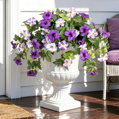 twirush 2 Stück Künstliche Kunstblumen für Außen - künstliche Petunien Seidenblumen UV beständig kein Verblassen Wetterfest plastikblumen für Zuhause draußen Garten Balkon Hof Veranda, Lila Weiß