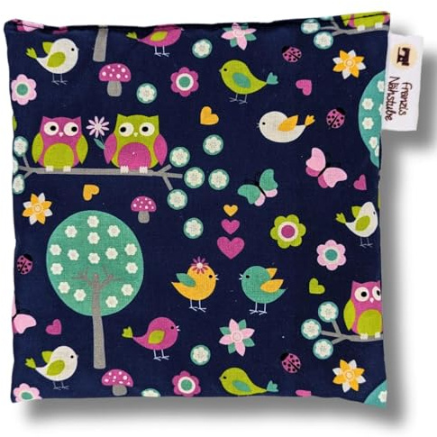 Franzis Nähstube 20x20cm Coussin aux pépins de raisin Hibou bleu en 100% coton I Coussin en grains de pépins de raisin 20x20 pour micro-ondes I Coussi