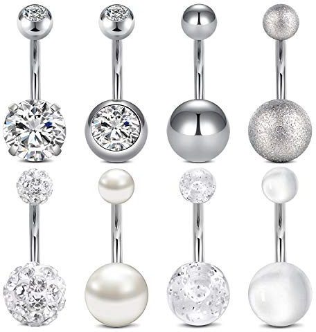 LAURITAMI 8pcs Piercing Ombligo Set Acero Quirúrgico Barbells Retainer Pearl Cristal CZ Cuerpo Percing Joyas 10mm 14G