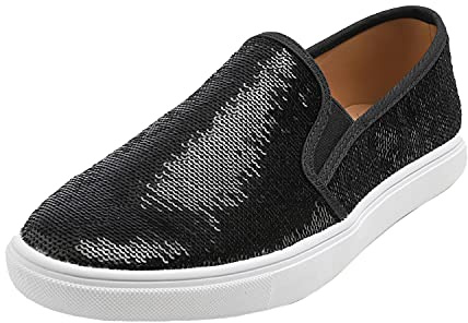 Feversole Women's Featured PU Leather Lace-Up Sneaker, PU läder snörning sneakers för kvinnor, Svart paljett, 40 EU