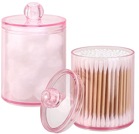 Tbestmax 2 Pack Qtip Holder Bathroom Jars Canisters for Cotton Ball Swab Pad Storage Dispenzer, Pink 10-Ounce