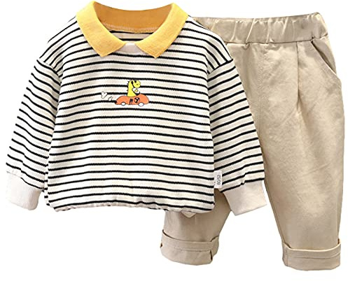amropi Bambino Neonato 2 Pezzi Completo a Righe Maniche Lunghe Maglione Top e Pantaloni Set Bianco Cachi, 1-2 Anni