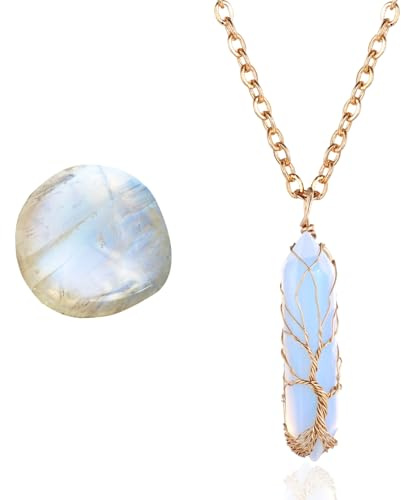 HALUKAKAH Collar de Piedra Lunar - AMOR LUNAR - Árbol de la Vida con Enrollado de Chapado en Oro de 18k Hecho a Mano, Colgantes en Forma de Hexagonal de Cristal Natural y Cadena de 50cm
