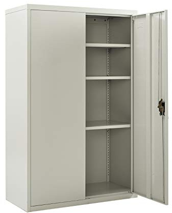 Metal Storage Cabinet with Lock, 140cm Tall Storage Cabinet, Lockable Metal Cupboard with 3 Shelves, Grey Garage Office Utility Locking Storage Cabinet, Office Cupboard Lockable