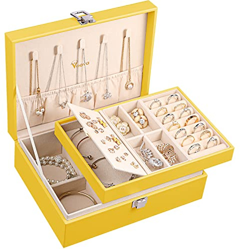 Voova 2-Layer Jewelry Box Organizer, Jewellery Storage Case Yellow | PU Leather Jewlerrying Display Holder for Women Girls with Removable Tray Ring Earring Bracelet Necklace Holder