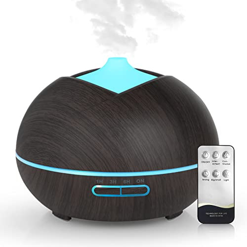 Bigqin Aroma Diffuser 500ML, Diffusor für Ätherische Öle, Aromatherapie Luftbefeuchter mit Timer für Raum, Yoga, SPA, 14-Farben-LED, Fernbedienung, Dunkle Holzmaserung