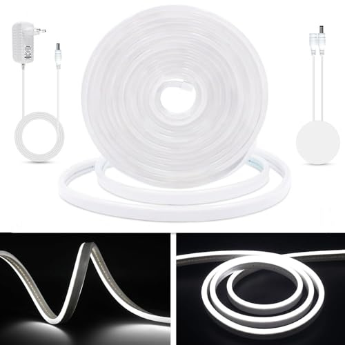 KISUFU Luz de neón luz de barra LED 12v DC con adaptador de potencia, smd2835 120 LEDs/M cuerda de silicona IP65 impermeable luz de neón LED para la decoración de fiestas de vacaciones, 2M, Blanco.