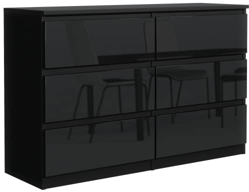 meble masztalerz Commode 138,5 cm avec Façades Brillantes - avec 6 tiroirs - 138,5x78,5x39 cm - Meuble de Rangement - Commode Chambre - Meuble Salon Classique - Noir - Façades Brillantes