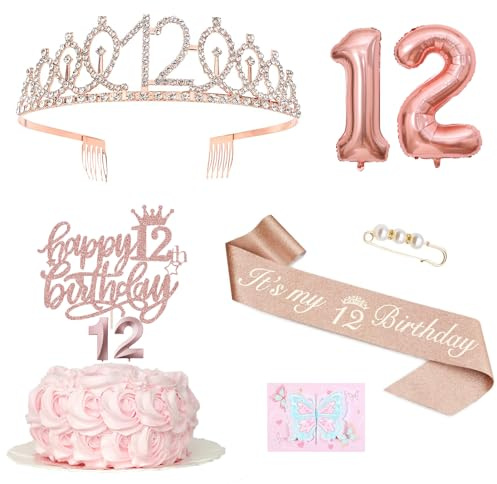 Decorazione per 12° compleanno, per ragazza, 12° compleanno, corona e fascia, decorazione per torte e candele, palloncino in lamina oro rosa 12,12° regalo per ragazze per feste di compleanno