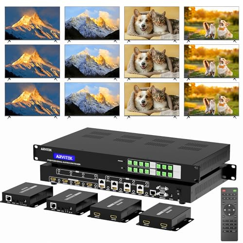 Arvitek 4K 4 in 8 Out HDMI Extender Matrix with Web GUI, HDMI Matrix Splitter/Switcher 4K@60Hz Over CAT6/7 Cable with IR Control, RS232, 4 x Loop Out & 4 x Receivers Included, Up to 230Ft(70m)