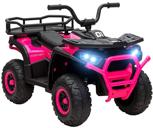 AIYAPLAY 12V Kids Electric Ride on ATV, Battery Powered Quad Bike with 4 Suspension Wheels, Forward Reverse Function, Lights, Music, Storage Basket, for Ages 3-5 Years, Pink