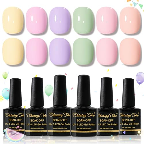 Shining She UV Nagellack Pastell, 6 Farben Frühling Sommer Gel Nagellack uv Macaron Pastell Rosa Lila Grün Gelb Gellack Soak Off UV Nial Polish für Mädchen Maniküre Salon DIY, 8ML