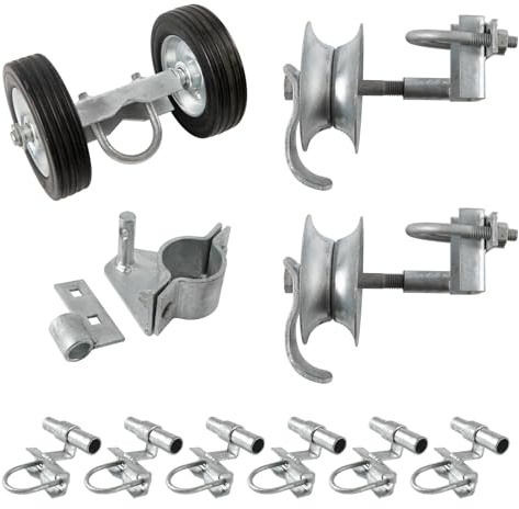 Wmebee 6 Sliding Gate Hardware Kit for Chain Link Fence, Heavy Duty Rolling Gate Kit with 2 Track Wheels, 6 Wall Mounted Brackets, 1 Rolo Latch, Galvanized Steel