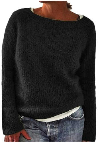 Generisch 2026 Pull en tricot à manches longues pour femme Col bateau Rétro Pull léger Top pour l'hiver, Noir , L