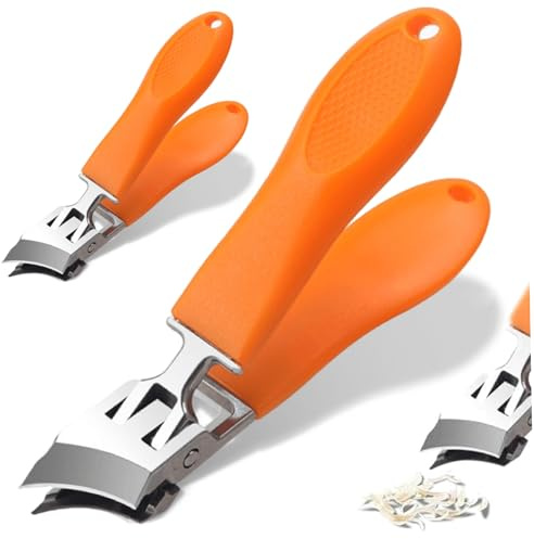 Slanted Nail Clippers for Thick Nails - Wide Mouth Anti-Splash Design with Curved Blade, Professional Large Toenail Clippers for Hard Nails, Orange 2pcs for Daily Use