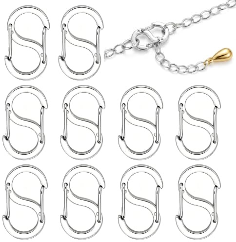 Lot de 10 petits mousquetons en forme de S en acier inoxydable pour clés, bracelet, fermeture de chaîne, fabrication de bijoux, bricolage (argent)