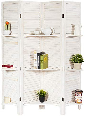 Giantex 4 Panel Room Divider with Shelve, Folding Privacy Screens, Wood Divider for Room Separation, 5.6 FT Foldable Wall Partition for Home Office Bedroom, White