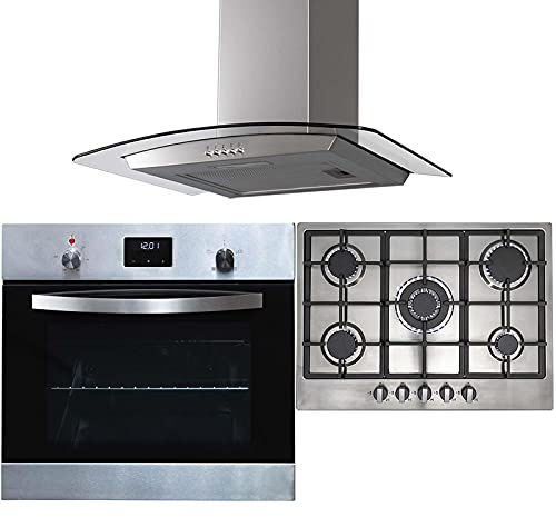 SIA SO114SS 60cm Stainless Steel Digital Electric Single Fan Oven, R6 70cm 5 Burner Gas Hob With LPG Kit & CGH60SS Curved Cooker Hood