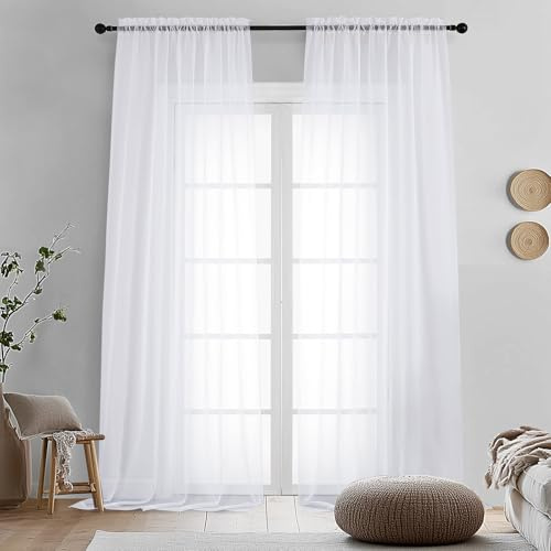 OVZME 2 pannelli, tende trasparenti bianche lunghe 243,8 cm per camera da letto, eleganti tende bianche filtranti per la luce, trattamento per finestre per soggiorno e porta scorrevole in vetro
