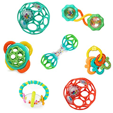 Bright Starts, Ciucci e sonagli, 7 Pezzi - Giocattolo per Passeggino Senza BPA, Anelli per la dentizione e sonagli, Unisex, dalla Nascita in Poi