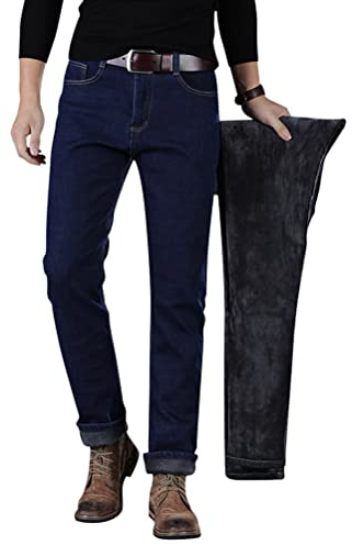 Minetom Jeans Homme Hiver Chaud Doublure Polaire Thermique Stretch Élastique Straight Denim Pants Streetwear B Bleu S