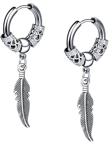 feilok Pendientes, perno, Orejeras de acero inoxidable, pendientes de plumas para hombres y mujeres