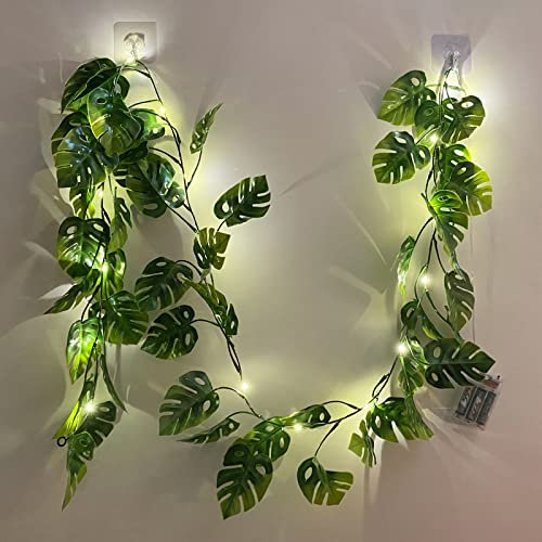 Fielegen 20 LED Monstera Leaf String Lights, 6 FT Artificial Tropical Palm Leaves Greenery Vines with Lights, Summer Decoration for Hawaiian Jungle Safari Luau Party BBQ Beach Birthday Theme Decor