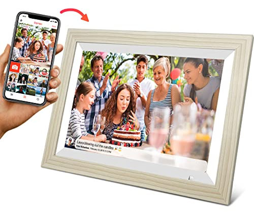 Cytem Digitaler Bilderrahmen 10.1 Zoll mit WLAN & Frameo App, 32GB Speicher, Bewegungssensor, automatische Bilddrehung, IPS Touchscreen 1280x800, Altweiß Holzoptik