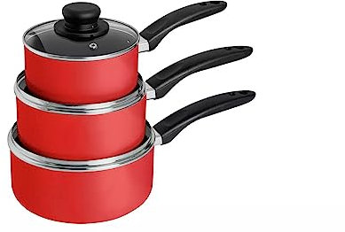 Martin Mart 3 Piece Aluminium Pan Set for Efficient Heat Distribution Each Pan Has A Steam Vent Lid to Prevent Liquids Boiling Over- Red