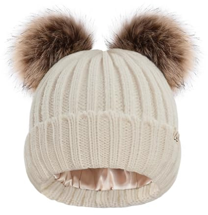 Hat Hut Gorros de invierno para mujer, con forro de satén, gorro de punto para esquí, gorro de invierno para mujer, gorro de pompón, B3-beige 2 pompones, Talla única