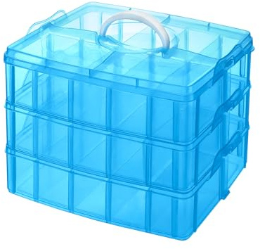 QWORK® blue storage box with compartments, craft storage box, organiser box, with 3 tiers and 30 adjustable compartments, for crafts, jewelry, and small items