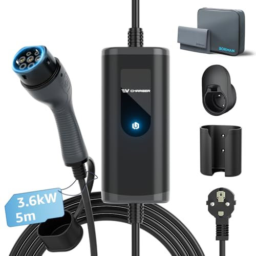 bokman Colonnina Ricarica Auto Elettrica, 5 Metri,16A, 3,68kW Wall Box Tipo 2 Caricabatterie EV con Spina Schuko Compatibile con Model Y/3, 500e, e-208 e Altri EV/PHEV